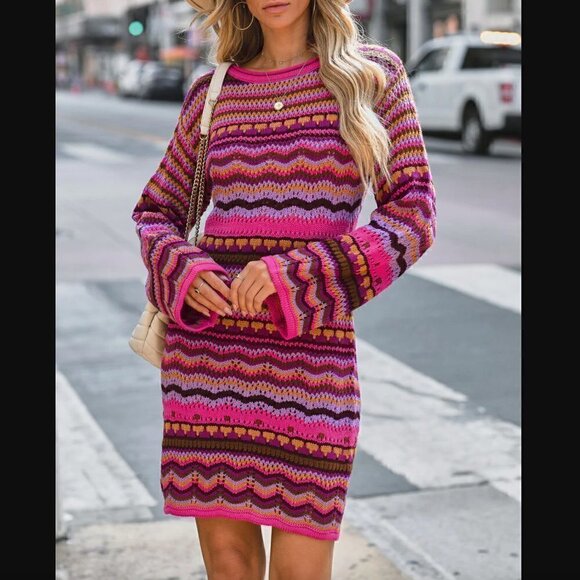 VICI Free The Roses L NWT Crochet Knit Multi Colored Dress Fuchsia Multi Long - Picture 9 of 12